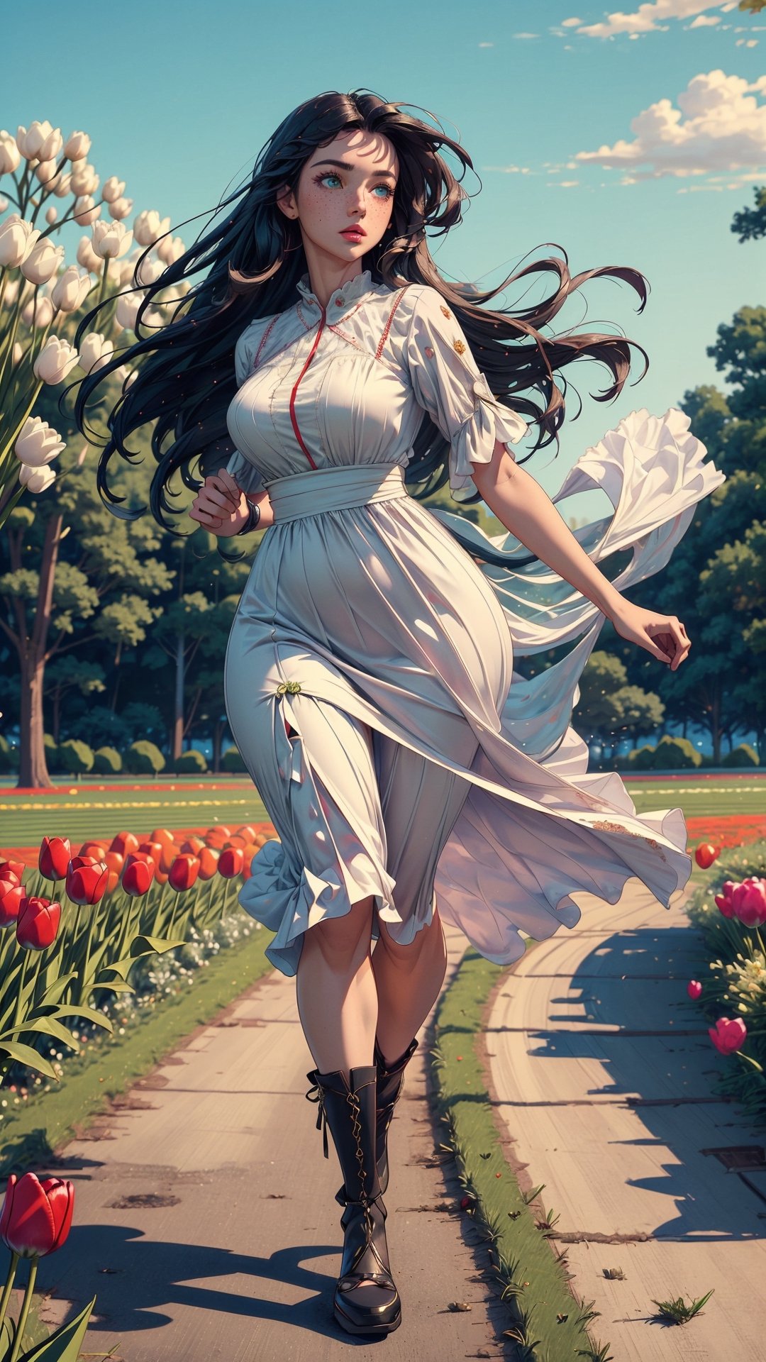 ((masterpiece)), (best quality), (cinematic), a woman in a long dress, running through an open field, long black hair, bangs, chubby, wide hips, full body, green eyes, freckles on cheeks, wind, detailed face, detailed body, field full of tulips, (cinematic, colorful), (extremely detailed)