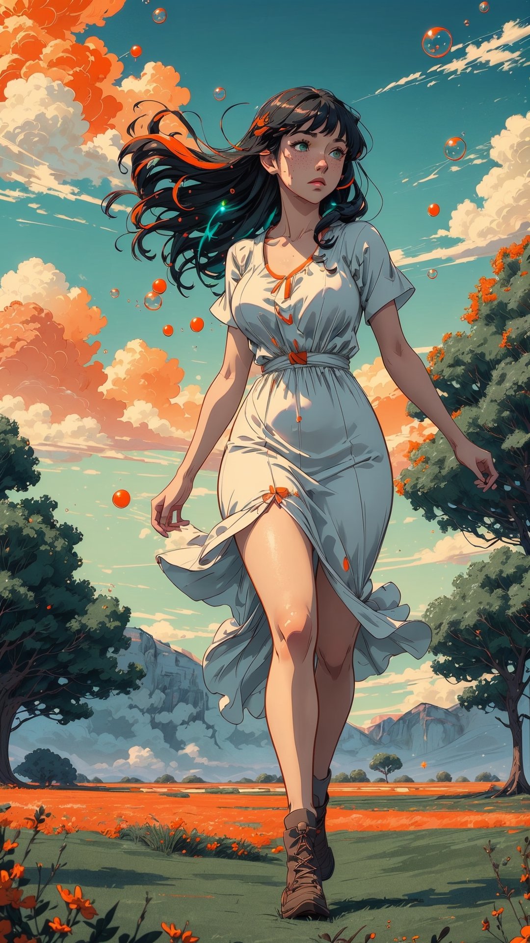 ((masterpiece)), (best quality), (cinematic), a woman in a long white dress, running through an open field, long black hair, bangs, chubby, wide hips, full body, green eyes, freckles on cheeks, wind, detailed face, detailed body, red and orange sky, glow, clouds, vegetation, green plains, floating bubbles, (cinematic, colorful), vast field, (extremely detailed), inspired by Studio Ghibli, EpicSky, cloud, sky, highly detailed, detailed face