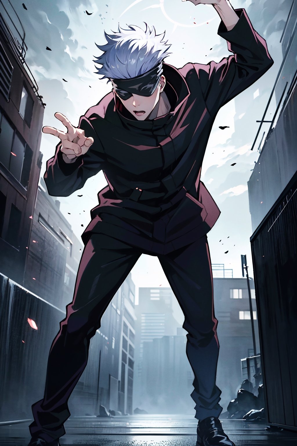 1 boy, Gojo Satoru, full body, black jacket, blindfolded, Jujutsu kaisen, mix of fantasy and realism, special effects, ultra hd, hdr, 4k