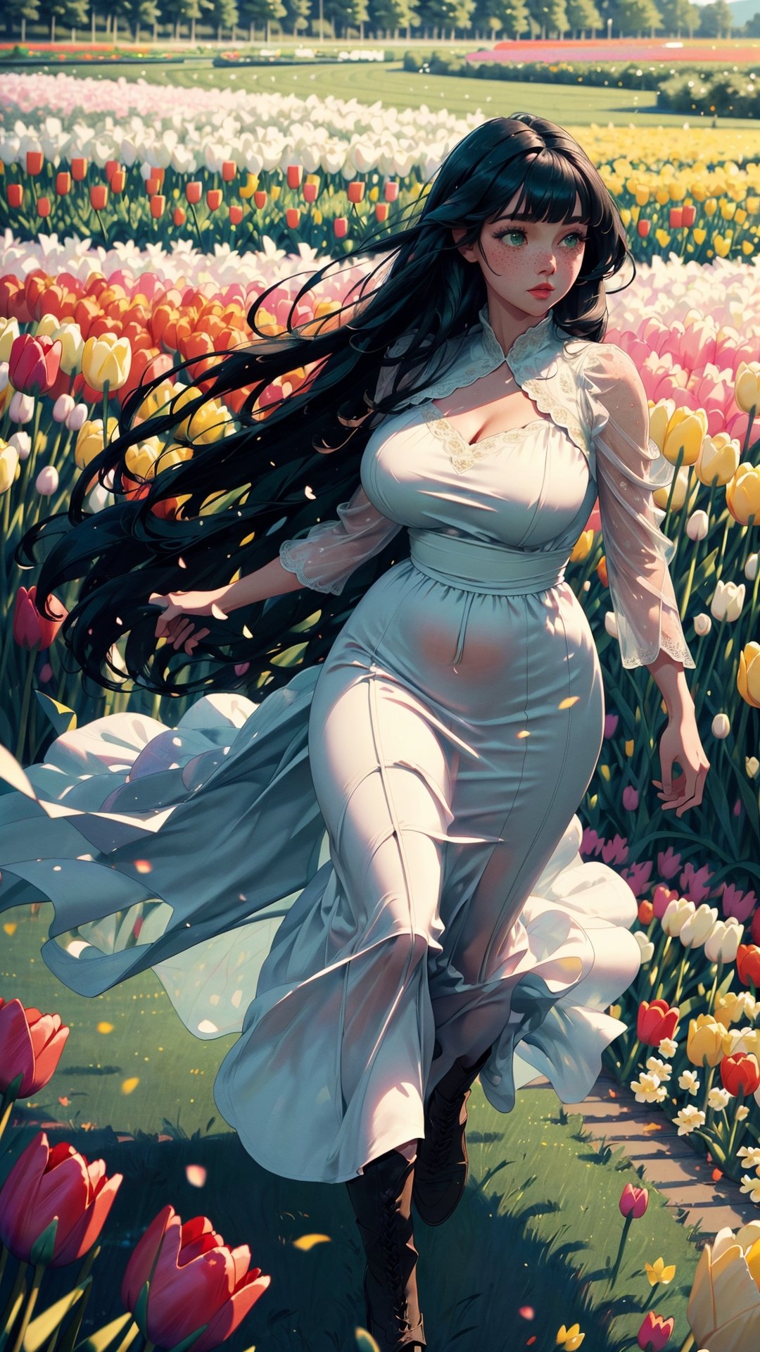 ((masterpiece)), (best quality), (cinematic), a woman in a long dress, surrounded by tulips, running, long black hair, bangs, chubby, wide hips, full body, green eyes, freckles on cheeks, wind, detailed face, detailed body, field full of tulips, (cinematic, colorful), (extremely detailed)