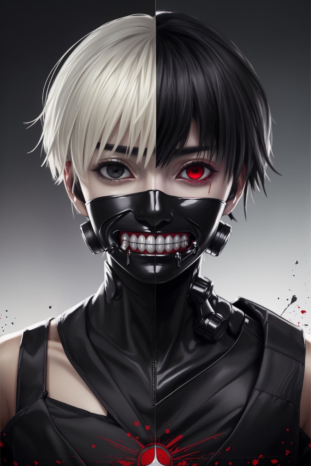 ((masterpiece, best quality)), Kaneki, Tokyo Ghoul, Ghoul, red iris, red left eye, black right eye, black clothes, metallic details, background of Tokyo Japan buildings, mix of fantastic and realistic elements, uhd image, work vibrant art, kaneki ken