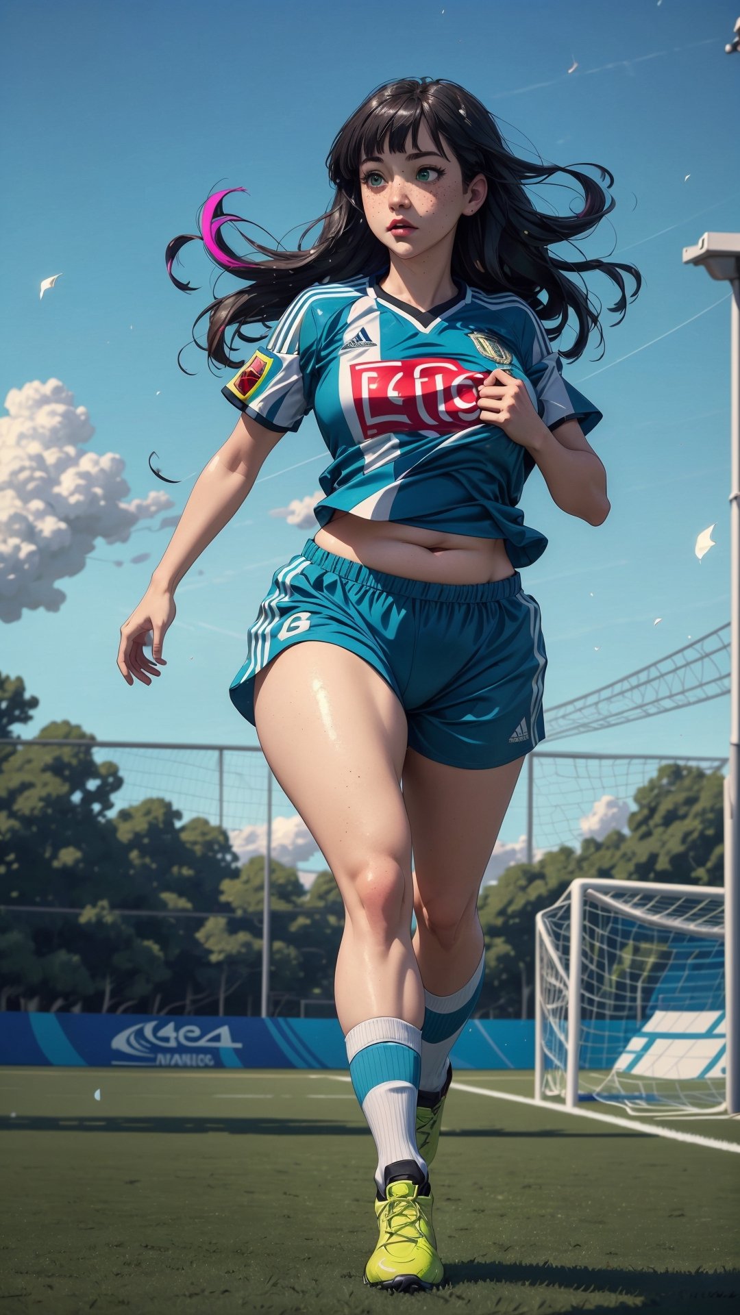 ((masterpiece)), (best quality), (cinematic), a chubby woman with an Argentina shirt, soccer shorts, running through a soccer field, long black hair, bangs, chubby, wide hips, full body, green eyes, freckles on cheeks, wind, detailed face, detailed body, floating particles, (colorful cinematic), (extremely detailed), inspired by Studio Ghibli, EpicSky, 4k, 8k, ultra hd, detailed