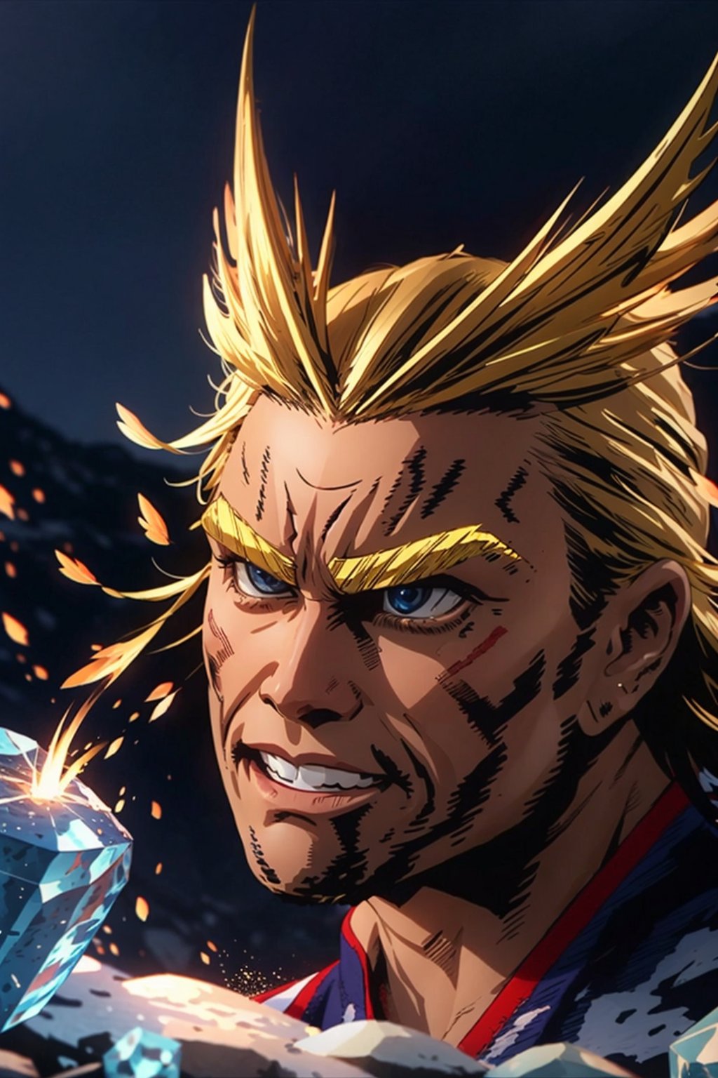 imagine All Might in real life, ultra hd, detailed body, detailed face, detailed eyes, background with lights and floating stones, sparkles, fire, ice, hdr, allmight