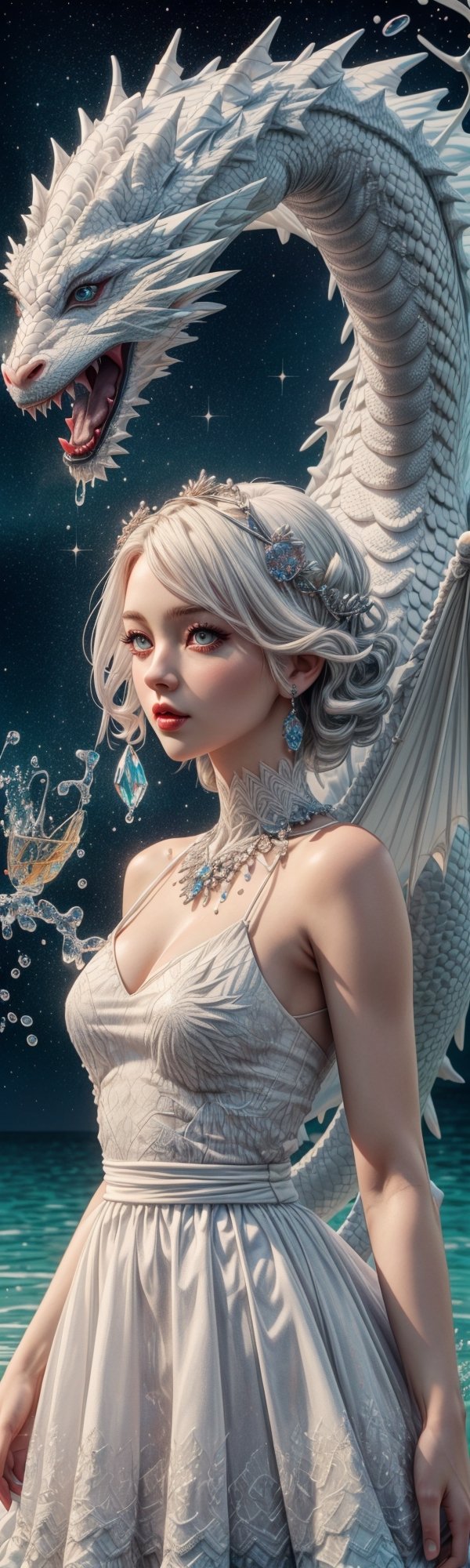 ((masterpiece, best quality)), cute girl, white hair, white dress, rest, white dragon behind, sparkle, water, hd, mix of fantastic and realistic elements,uhd image,crystal clear translucency,vibrant artwork,3d style