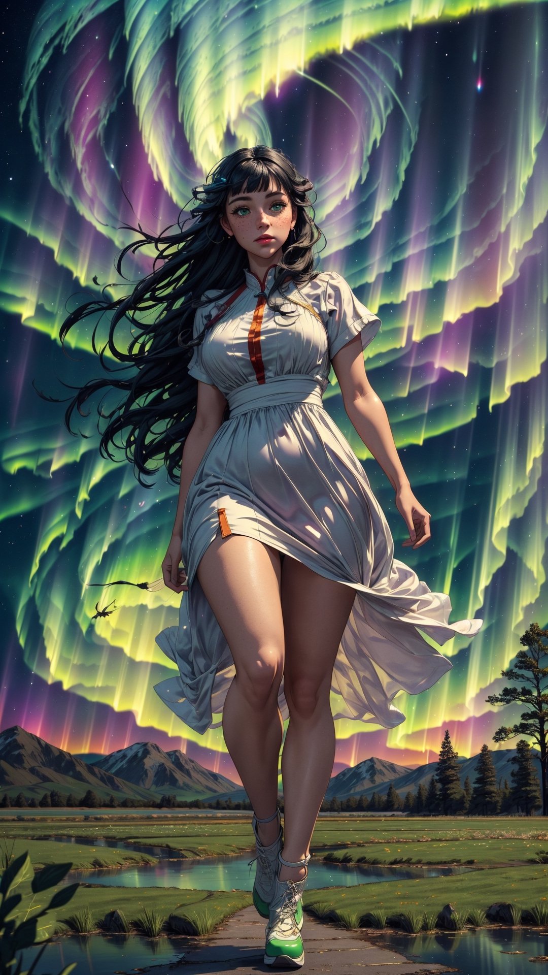 ((masterpiece)), (best quality), (cinematic), a woman in a long white dress, running through an open field, long black hair, bangs, chubby, wide hips, full body, green eyes, freckles on cheeks, wind, detailed face, detailed body, night, auroras in the sky, glow, landscape, vegetation, green plains, floating bubbles, (cinematic, colorful), vast field, (extremely detailed), EpicSky, cloud, sky, very detailed, detailed face