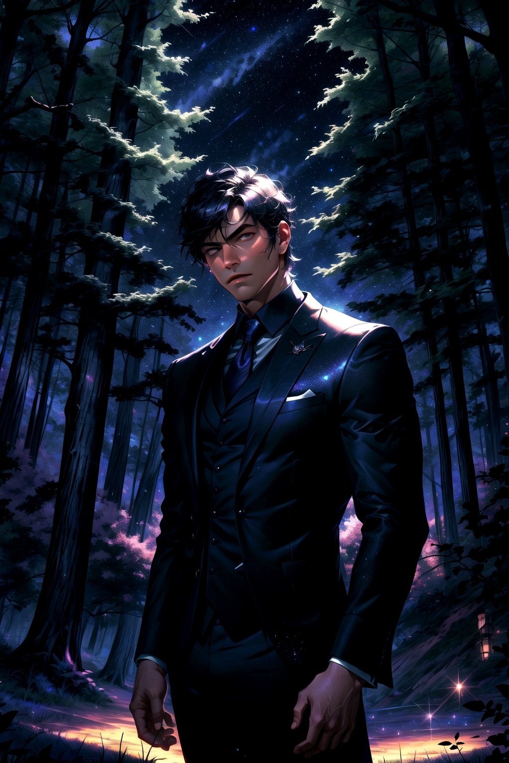 1 boy, serious look, night, mansion background with night trees, black suit with glitter, mix of fantasy and realism, ultra hd, hdr, 4k