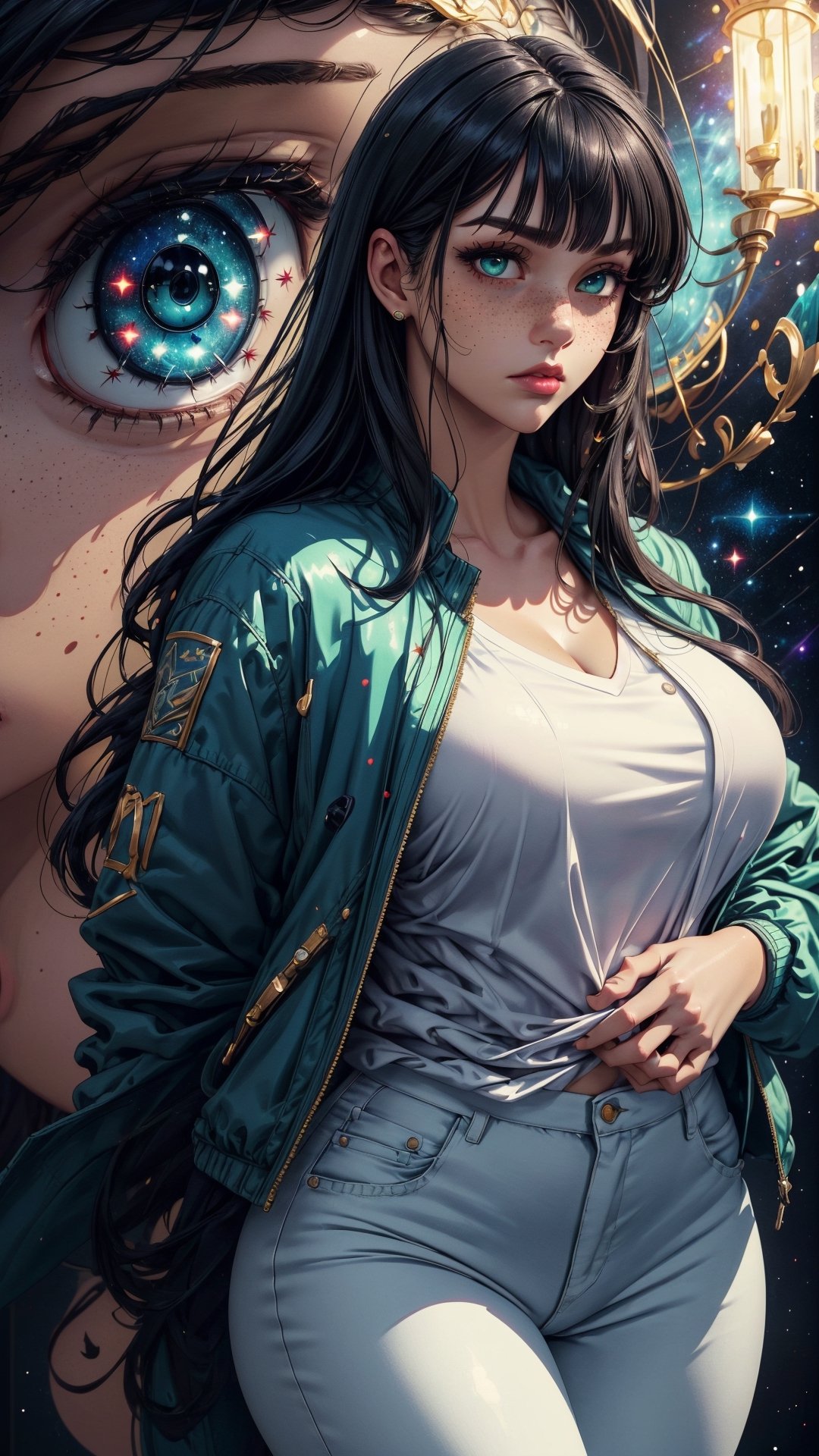 (4k), (masterpiece), (best quality), (extremely complex), (realistic), (sharp focus), (cinematic lighting), (extremely detailed), (epic), A close-up portrait of a chubby woman, serious look, deep look, incredibly detailed hand, long black hair, bangs, mint green eyes, freckles on face, white shirt with jacket on top, black jeans, curvy body, full body, detailed face, perfect eyes, detailed hands, mix of fantasy and realism. elements, vibrant manga, uhd image, vibrant illustrations, the background is a galaxy