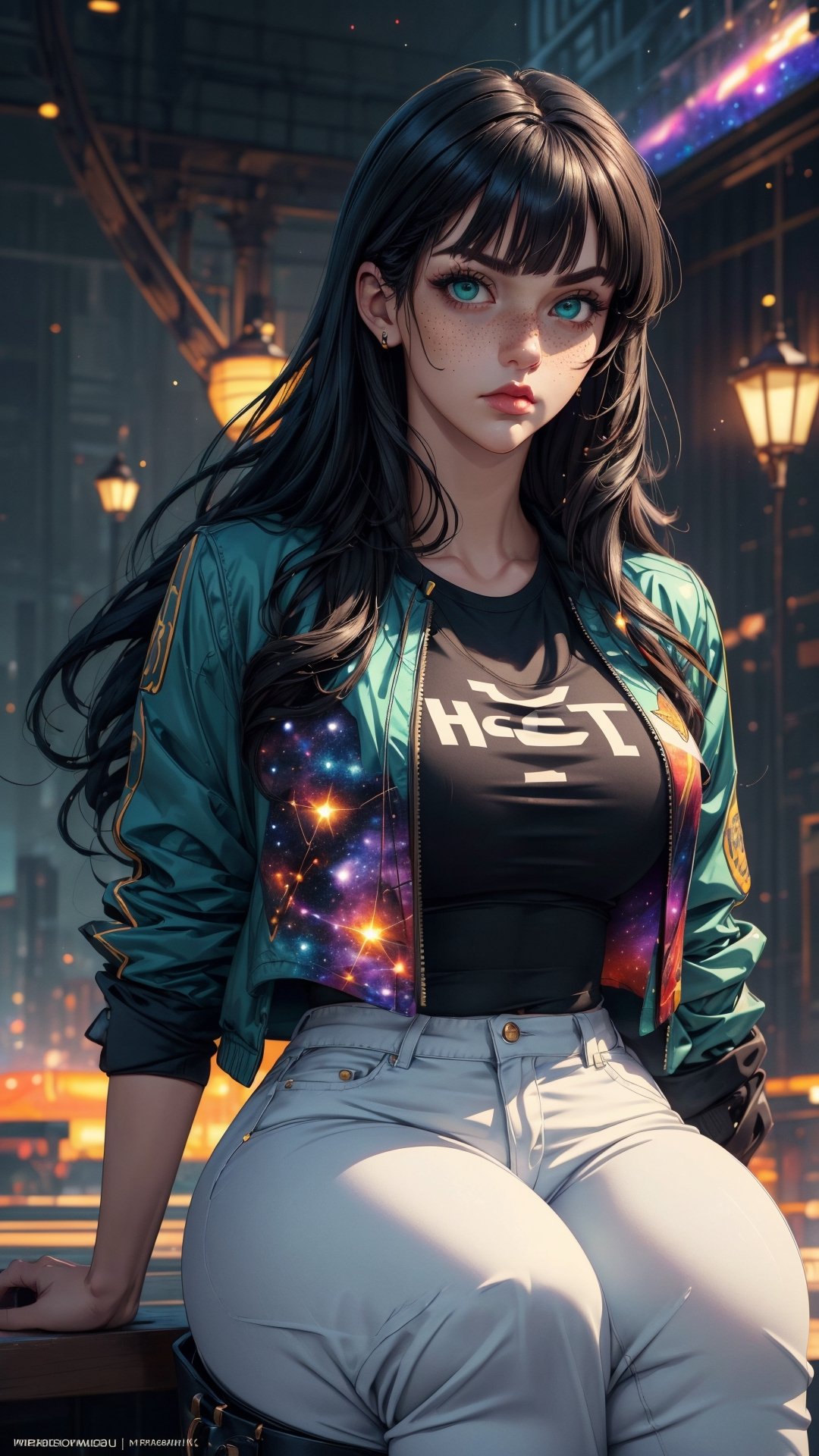 (4k), (masterpiece), (best quality), (extremely complex), (realistic), (sharp focus), (cinematic lighting), (extremely detailed), (epic), A close-up portrait of a chubby woman, serious look, deep look, incredibly detailed hand, long black hair, bangs, mint green eyes, freckles on face, white shirt with jacket on top, black jeans, curvy body, full body, detailed face, perfect eyes, detailed hands, mix of fantasy and realism. elements, vibrant manga, uhd image, vibrant illustrations, the background is a galaxy