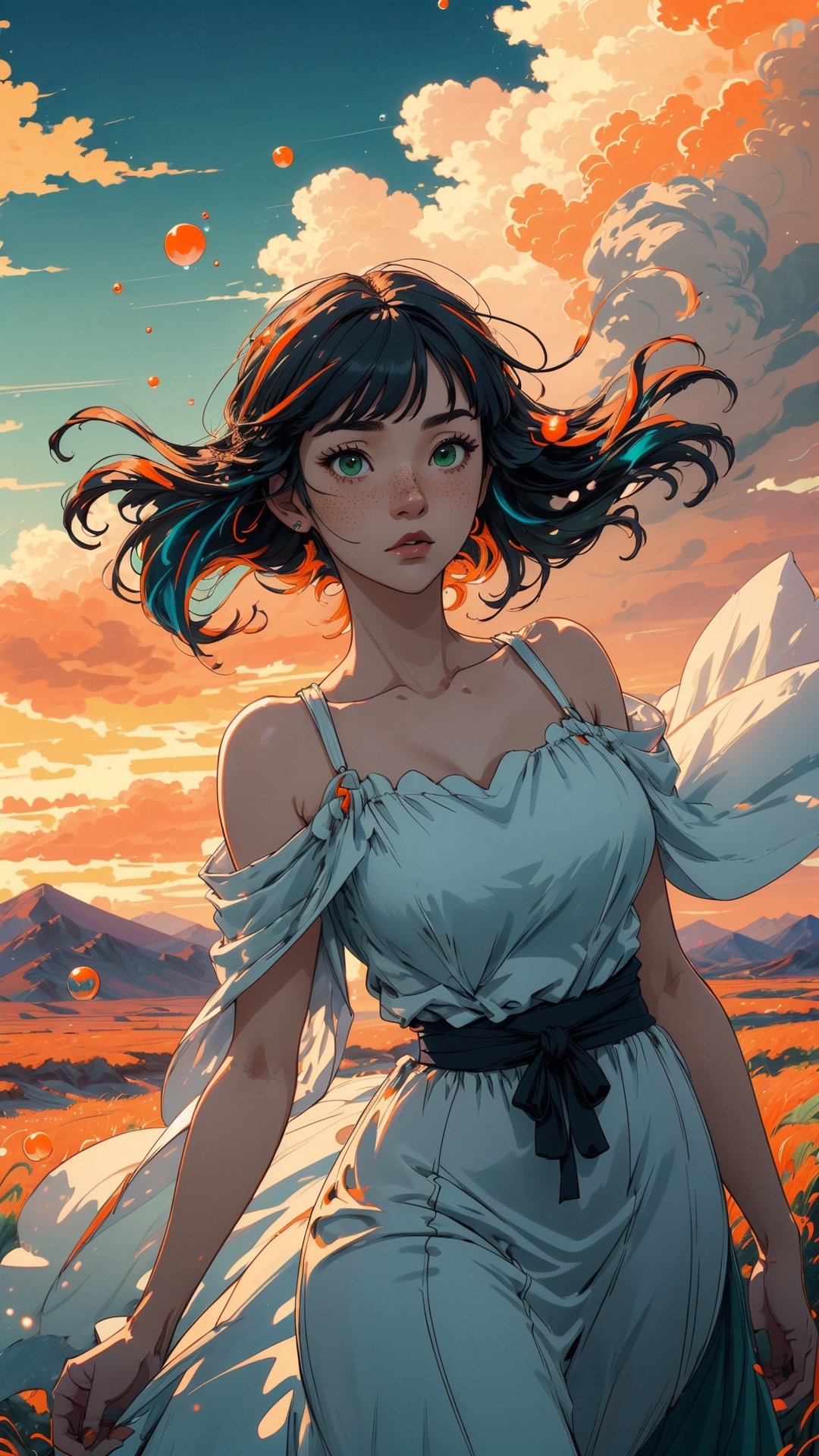 ((masterpiece)), (best quality), (cinematic), a woman in a long white dress, running through an open field, long black hair, bangs, chubby, wide hips, green eyes, freckles on her cheeks, wind , detailed face, detailed body, red and orange sky, glow, clouds, vegetation, green plains, floating bubbles, (cinematic, colorful), vast field, (extremely detailed), inspired by Studio Ghibli, EpicSky, cloud, sky, very detailed, detailed face