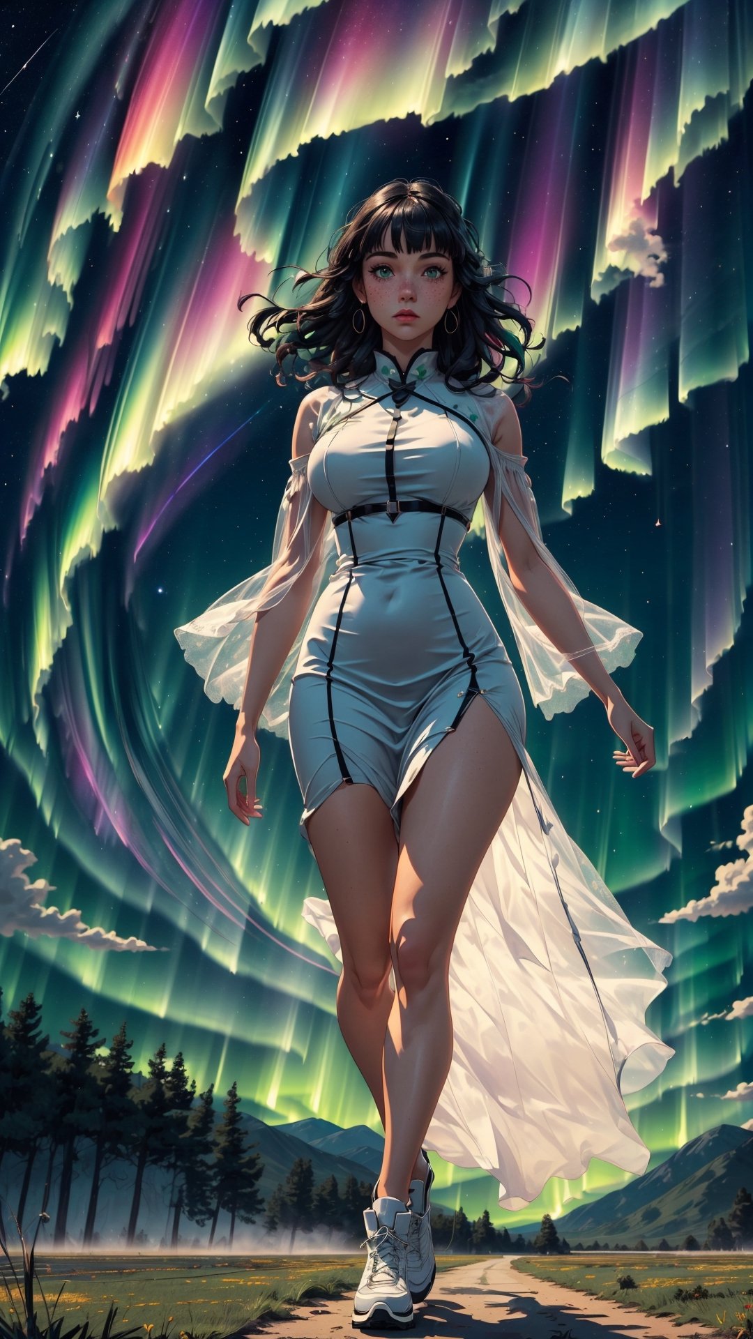 ((masterpiece)), (best quality), (cinematic), a woman in a long white dress, running through an open field, long black hair, bangs, chubby, wide hips, full body, green eyes, freckles on cheeks, wind, detailed face, detailed body, night, aurora in the sky, stars, glow, landscape, vegetation, green plains, (cinematic, colorful), vast field, (extremely detailed), EpicSky, cloud, sky, highly detailed , detailed face