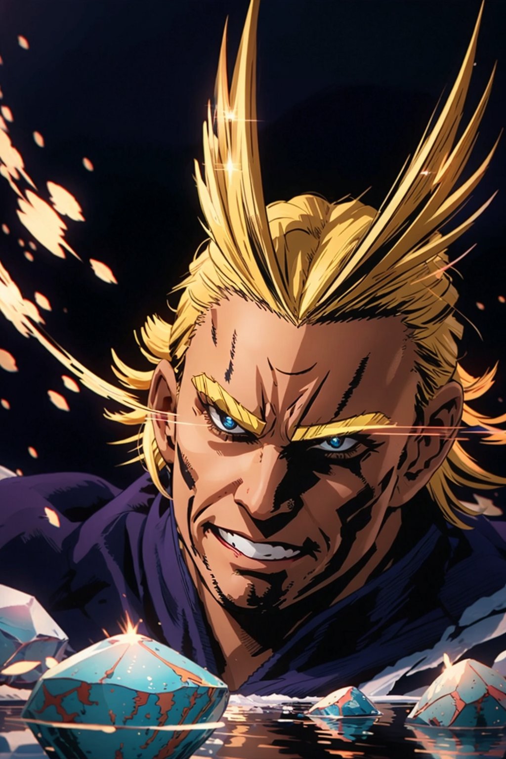 imagine All Might in real life, ultra hd, detailed body, detailed face, detailed eyes, background with lights and floating stones, sparkles, fire, ice, hdr, allmight