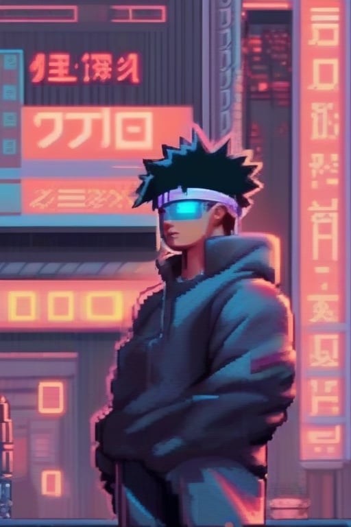 1 boy, naruto,lofi,pixel art,,cyberpunk,cyborg