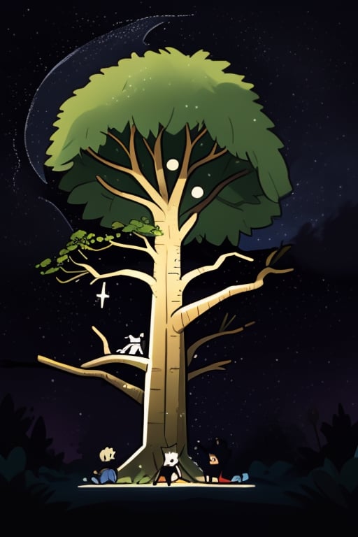 Finalement, Mia guide Léo et Coco vers un grand arbre au centre de la forêt. Ses branches sont dorées et scintillantes à la lueur des étoiles dans le ciel nocturne. Mia explique que cet arbre est le vrai trésor magique de l'île.