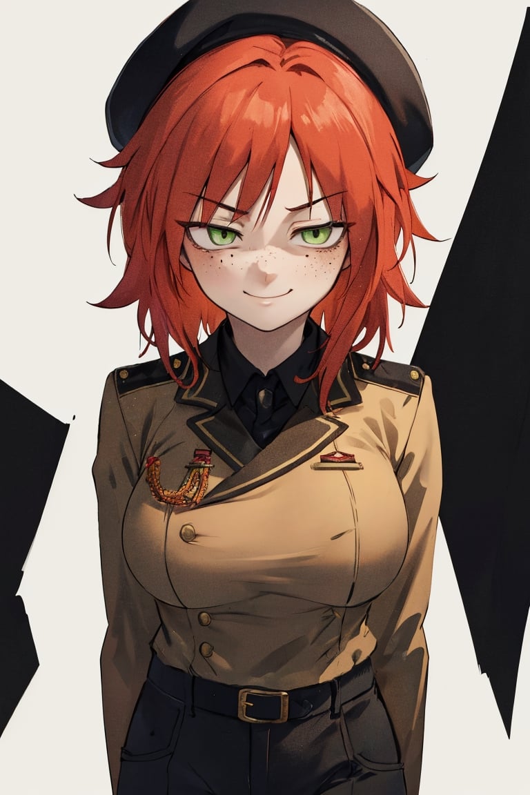 masterpiece, best quality, highres, black pants, straight-on, mature_female, 1girl, medium_hair, large_breasts, orange-hair, light green_eyes, white_background, solo, smirk, military_uniform,havoc_darker_than_black, beret, freckles