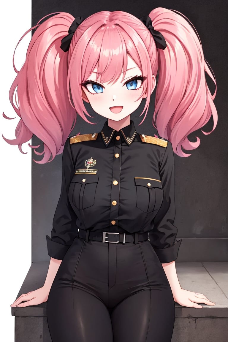 masterpiece, best quality, highres, black pants, straight-on, mature_female, 1girl, long_hair, medium_breasts, pink-hair, light blue_eyes, white_background, solo,:d, military_uniform,mega twintails, 