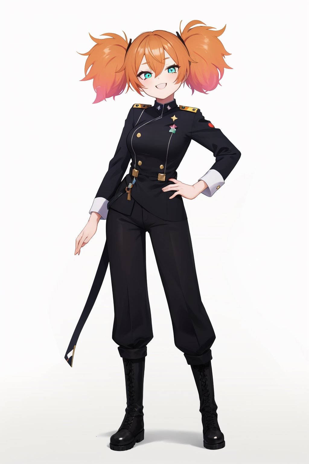 masterpiece, solo, best quality, straight-on, long hair, older_female, 1girl, orange-hair, rainbow hair, gradient_hair, twin_tails, teal_eyes, white_background, smiling, medium_breasts, military uniform, military boots, black pants, full body, black boots, standing,momoka,star-shaped pupils,ojou-sama pose