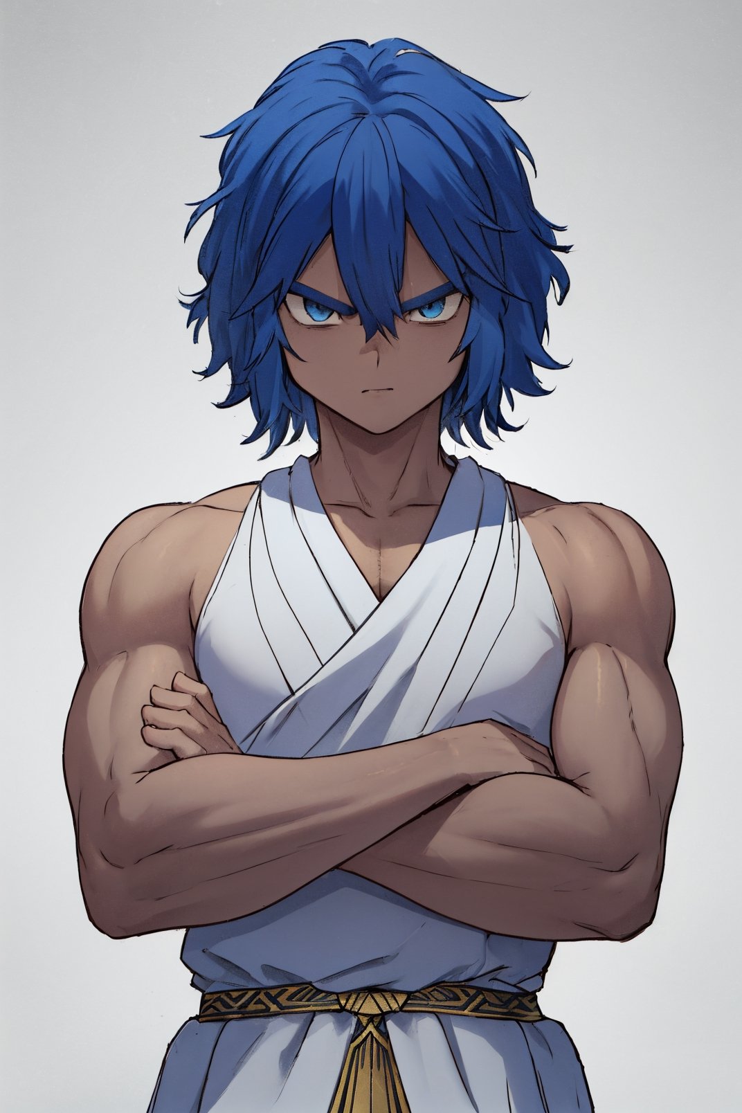 masterpiece, solo, best quality, straight-on, short hair, mature male, 1boy,  blue-hair, muscular, white_background, dark skin ,ancient greek clothes, gold arm_band, serious, light_blue_eyes, crossed arms, stubble 