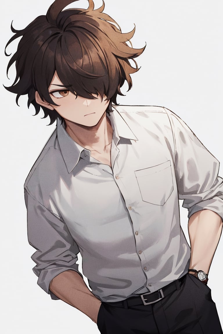 white_background, masterpiece, tall, solo, best quality, straight-on, short hair, mature male, 1boy, brown-hair, brown eyes, messy hair, white shirt, one hand in pocket, scratching head, hair over one eye, serious , older male

leonardo_watch