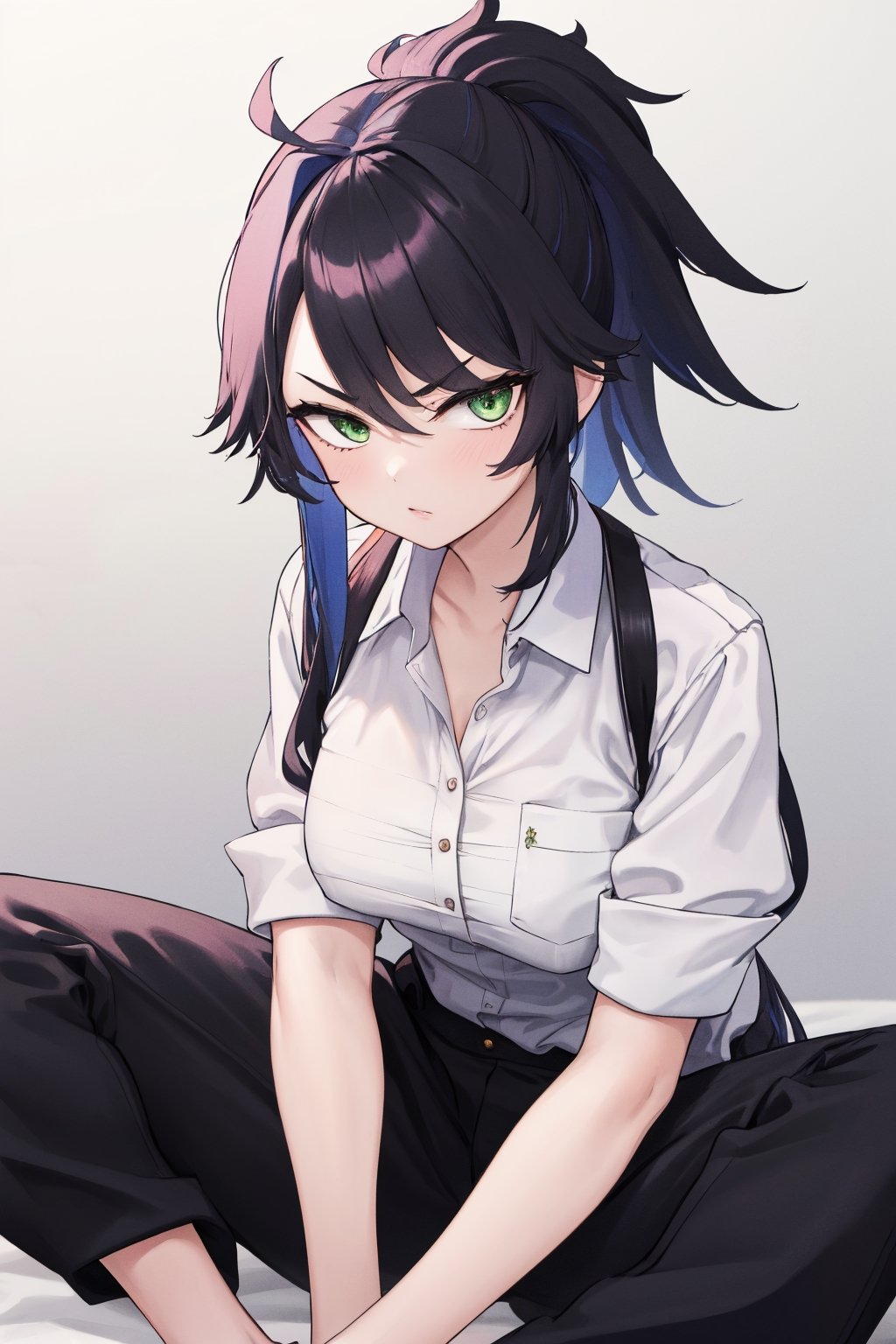 masterpiece, best quality, highres, straight-on, mature_female, 1girl,  medium breasts , white_background, solo,  long hair, black_hair, messy hair, green eyes, looking at viewer,

collared shirt, black pants , serious,  ponytail, , 