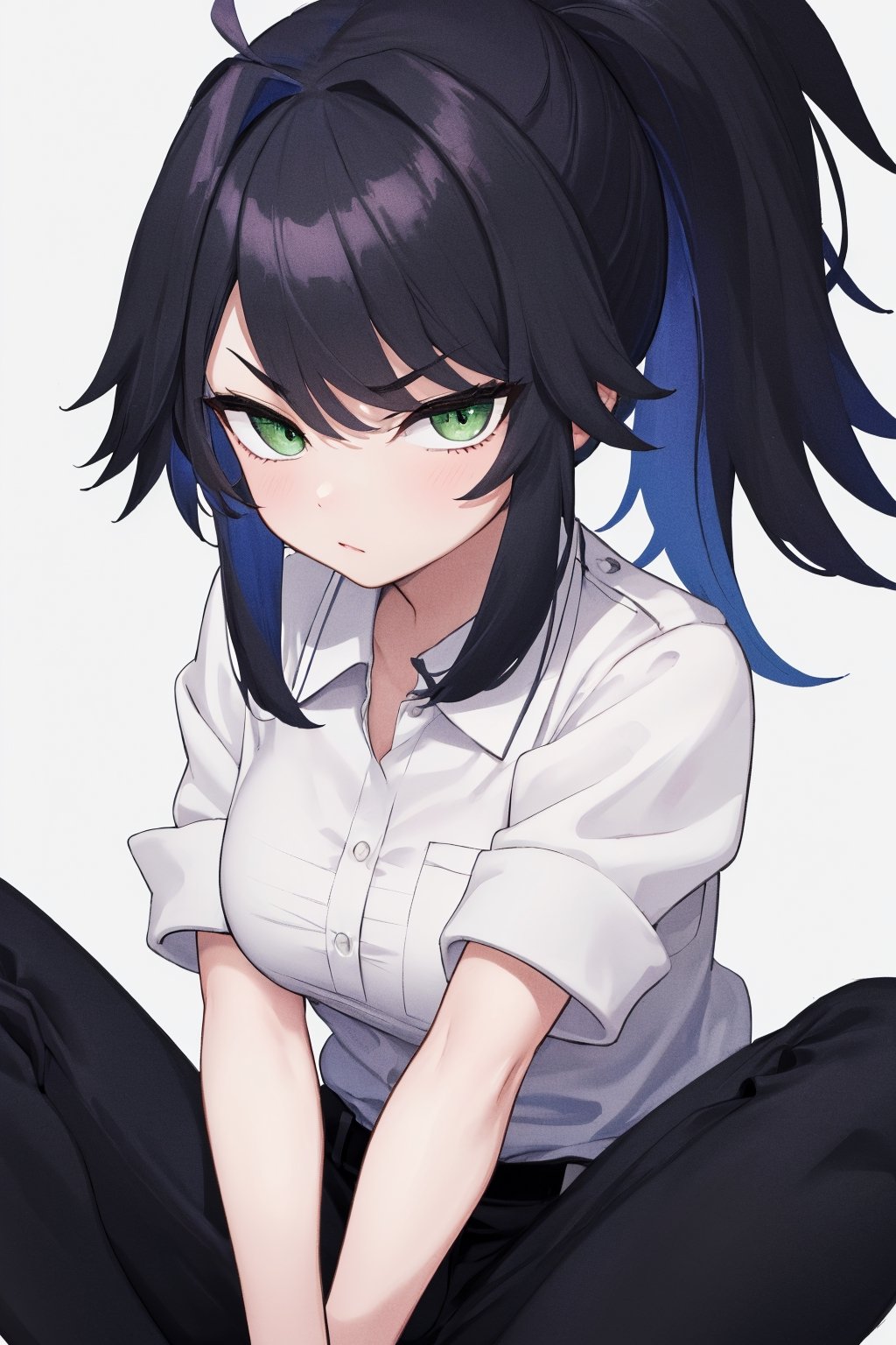 masterpiece, best quality, highres, straight-on, mature_female, 1girl,  medium breasts , white_background, solo,  long hair, black_hair, messy hair, green eyes, looking at viewer,

collared shirt, black pants , serious,  ponytail, , 