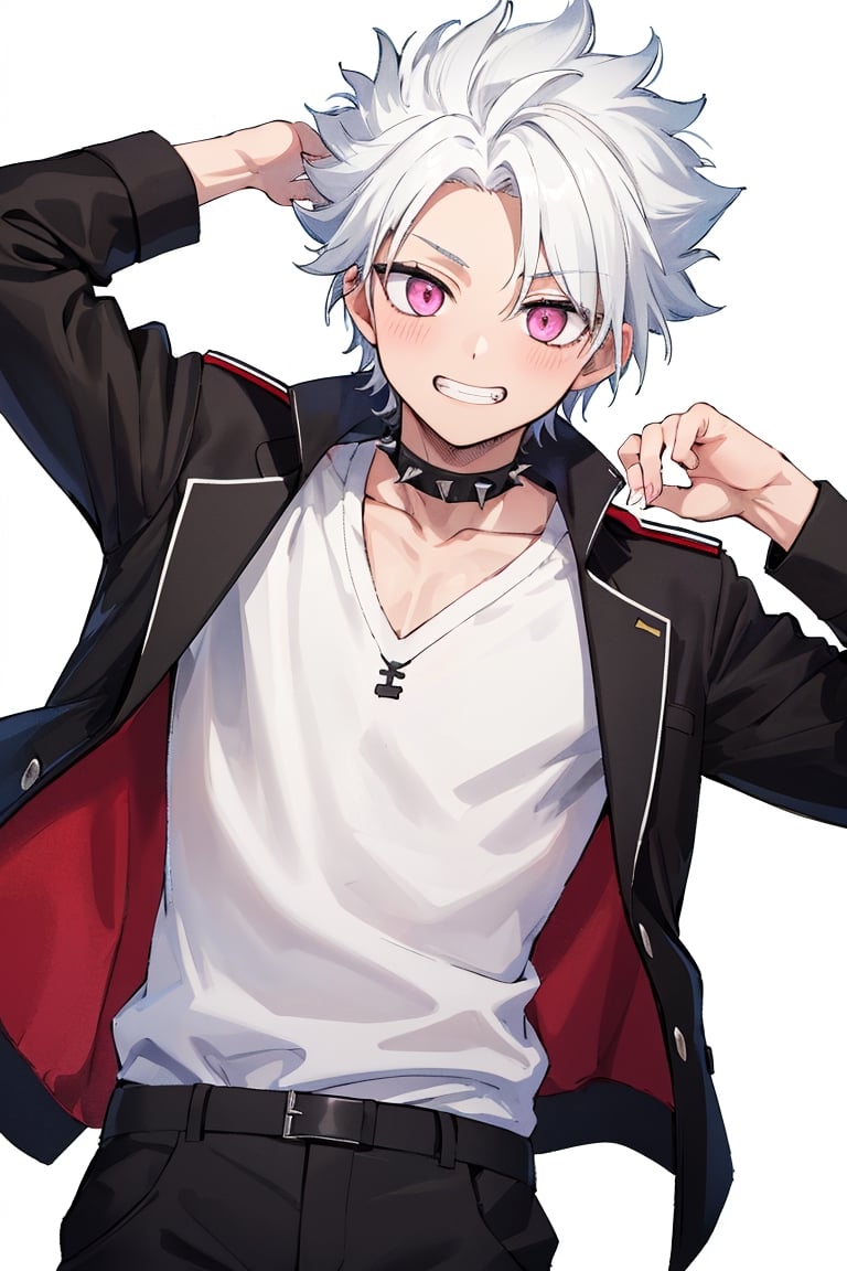 masterpiece, best quality, highres, black pants , straight-on, mature_male, 1boy, white_background, solo, short hair, white_hair , pink_eyes ,military jacket,open collar , brown_skin, spiked_hair, grin,,horibe_itona,hitsugaya_toushirou