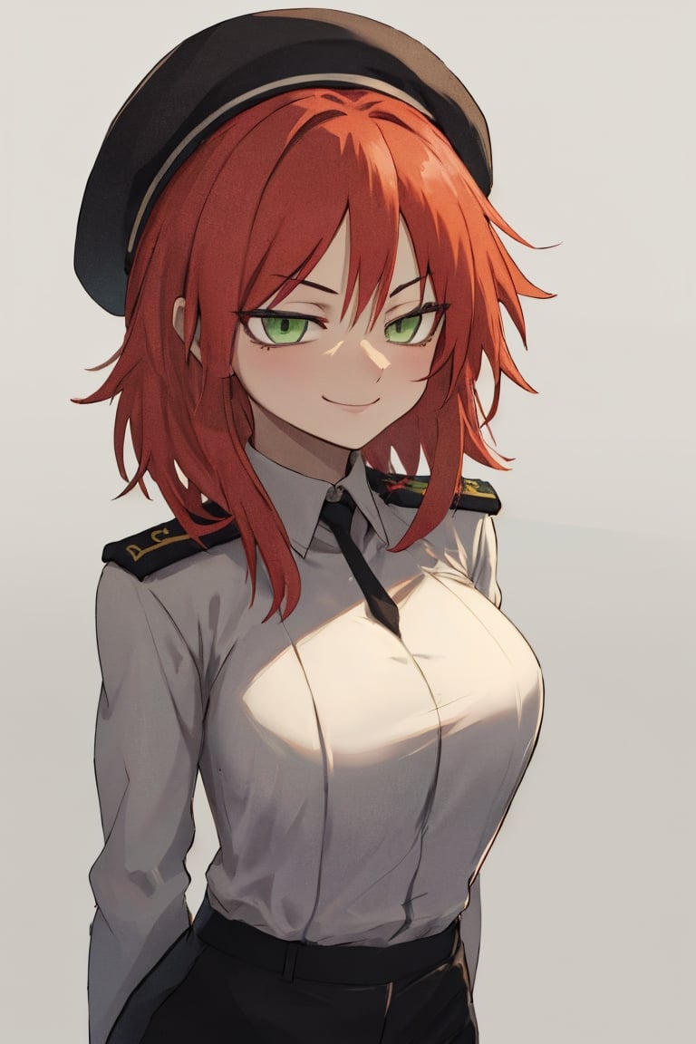 masterpiece, best quality, highres, black pants, straight-on, mature_female, 1girl, medium_hair, large_breasts, orange-hair, light green_eyes, white_background, solo, smirk, military_uniform,havoc_darker_than_black, beret