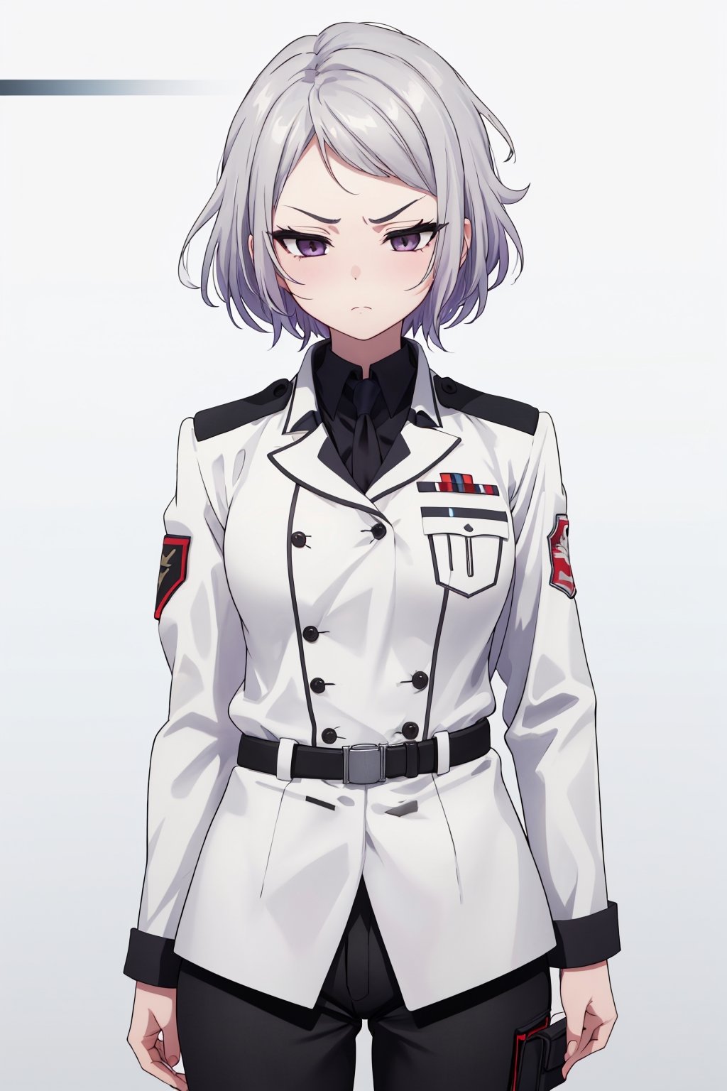 masterpiece, solo, best quality, straight-on, short hair, older_female, 1girl, silver-hair, black_eyes, white_background, serious, medium_breasts, military uniform, black pants, cowboy_shot , ,Eft_phantom_red,sleepy