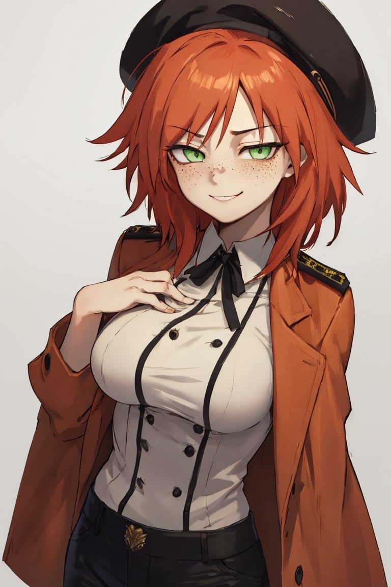 masterpiece, best quality, highres, black pants, straight-on, mature_female, 1girl, medium_hair, large_breasts, orange-hair, light green_eyes, white_background, solo, smirk, military_uniform,havoc_darker_than_black, beret, freckles