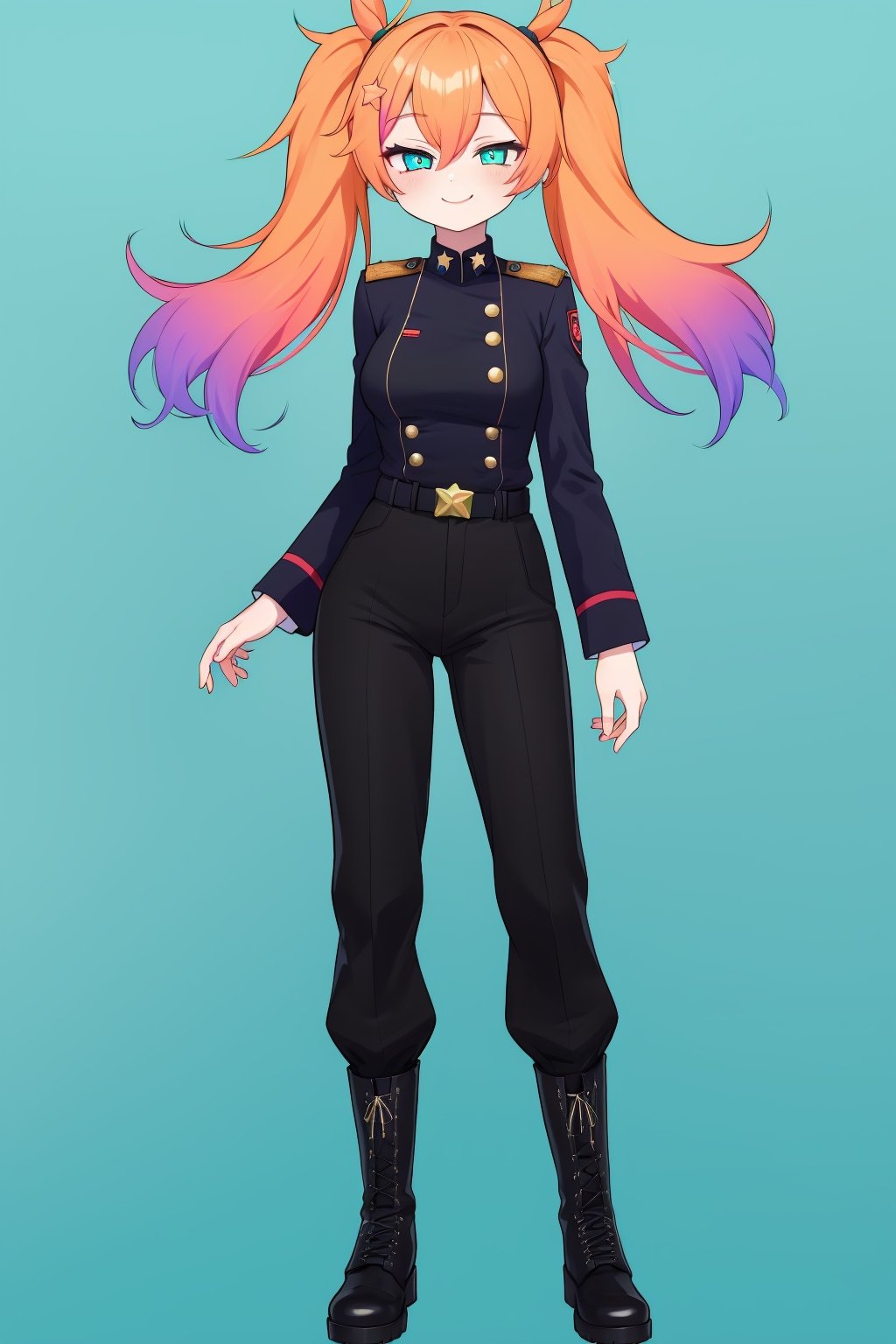 masterpiece, solo, best quality, straight-on, long hair, older_female, 1girl, orange-hair, rainbow hair, gradient_hair, twin_tails, teal_eyes, white_background, smiling, medium_breasts, military uniform, military boots, black pants, full body, boots, ,momoka,star-shaped pupils