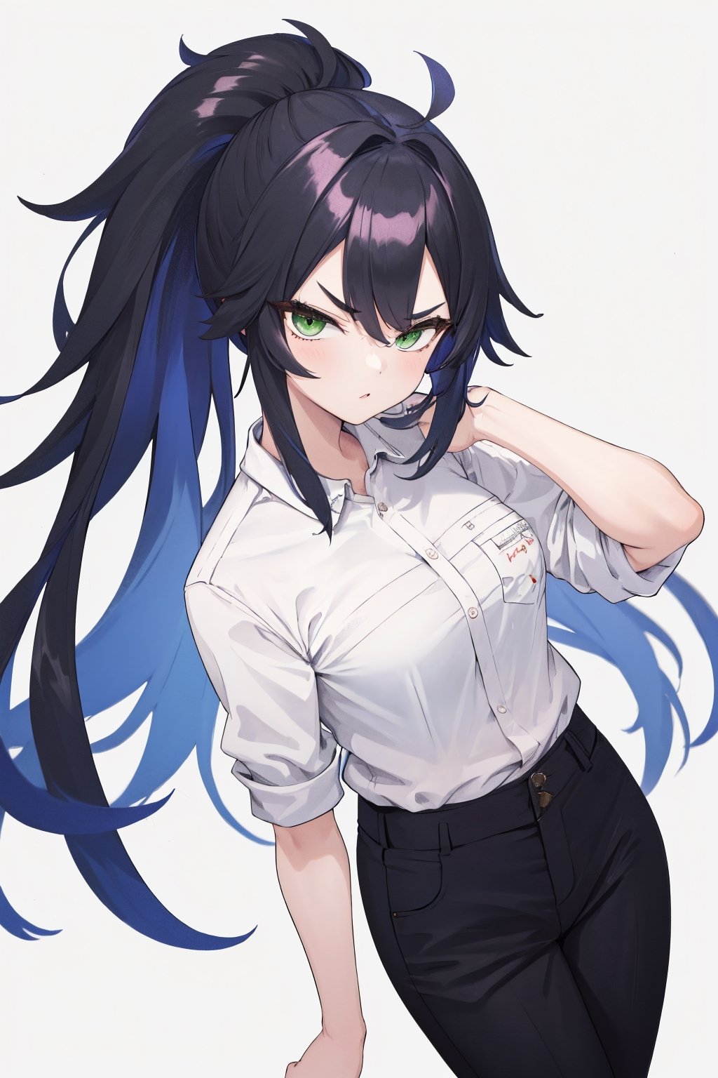 masterpiece, best quality, highres, straight-on, mature_female, 1girl,  medium breasts , white_background, solo,  long hair, black_hair, messy hair, green eyes, looking at viewer,

collared shirt, black pants , serious,  ponytail, , 