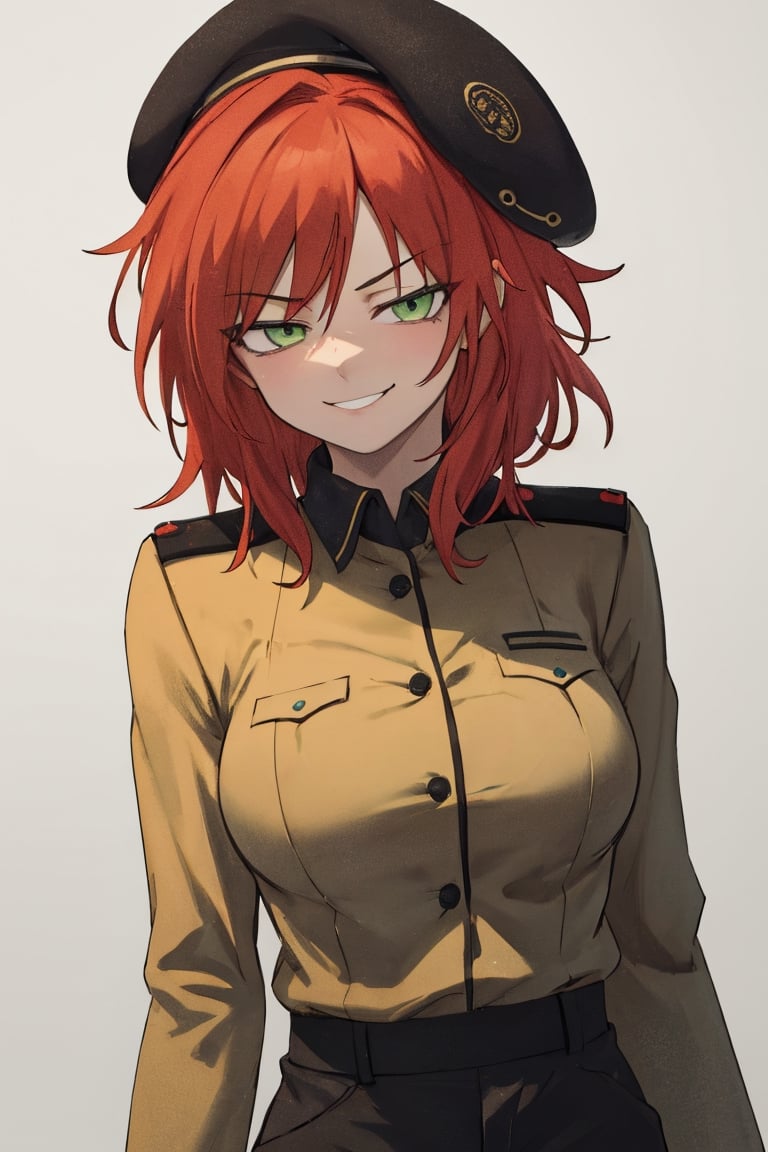 masterpiece, best quality, highres, black pants, straight-on, mature_female, 1girl, medium_hair, large_breasts, orange-hair, light green_eyes, white_background, solo, smirk, military_uniform,havoc_darker_than_black, beret