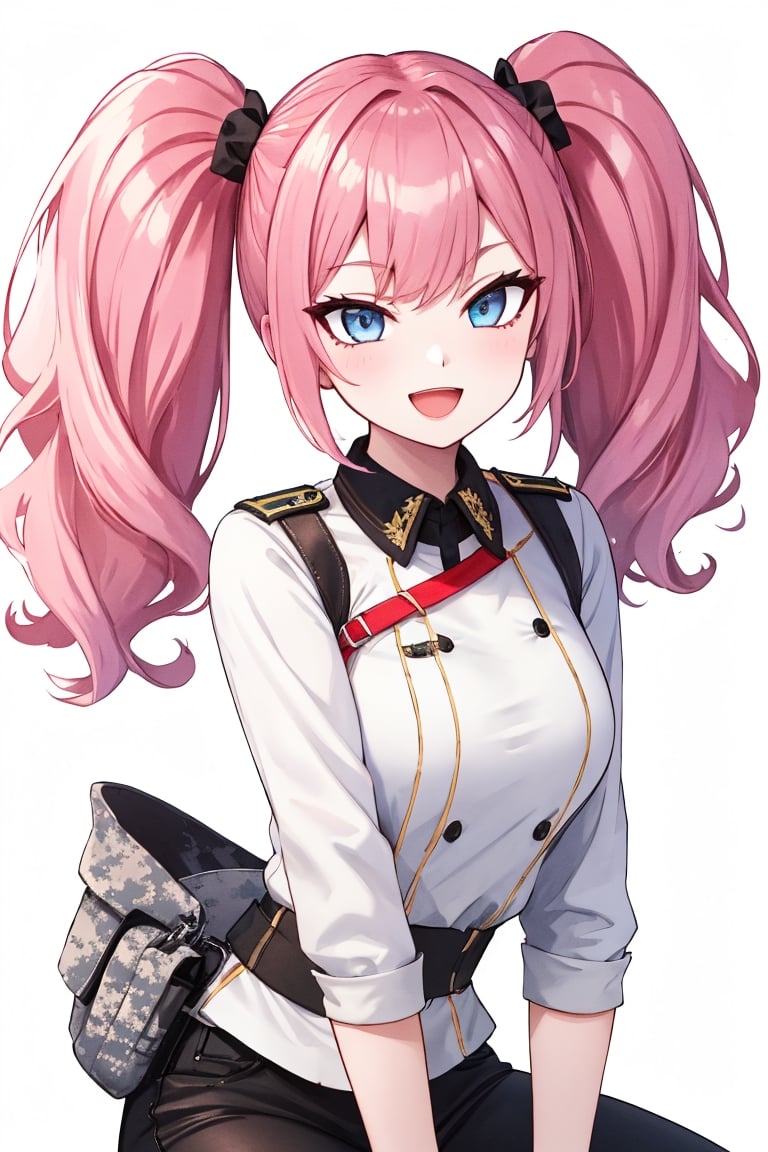 masterpiece, best quality, highres, black pants, straight-on, mature_female, 1girl, long_hair, medium_breasts, pink-hair, light blue_eyes, white_background, solo,:d, military_uniform,mega twintails, 