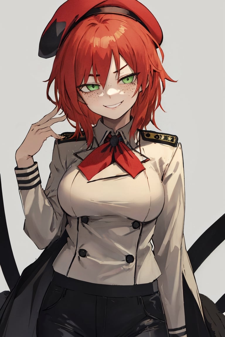 masterpiece, best quality, highres, black pants, straight-on, mature_female, 1girl, medium_hair, large_breasts, orange-hair, light green_eyes, white_background, solo, smirk, military_uniform,havoc_darker_than_black,red beret, freckles