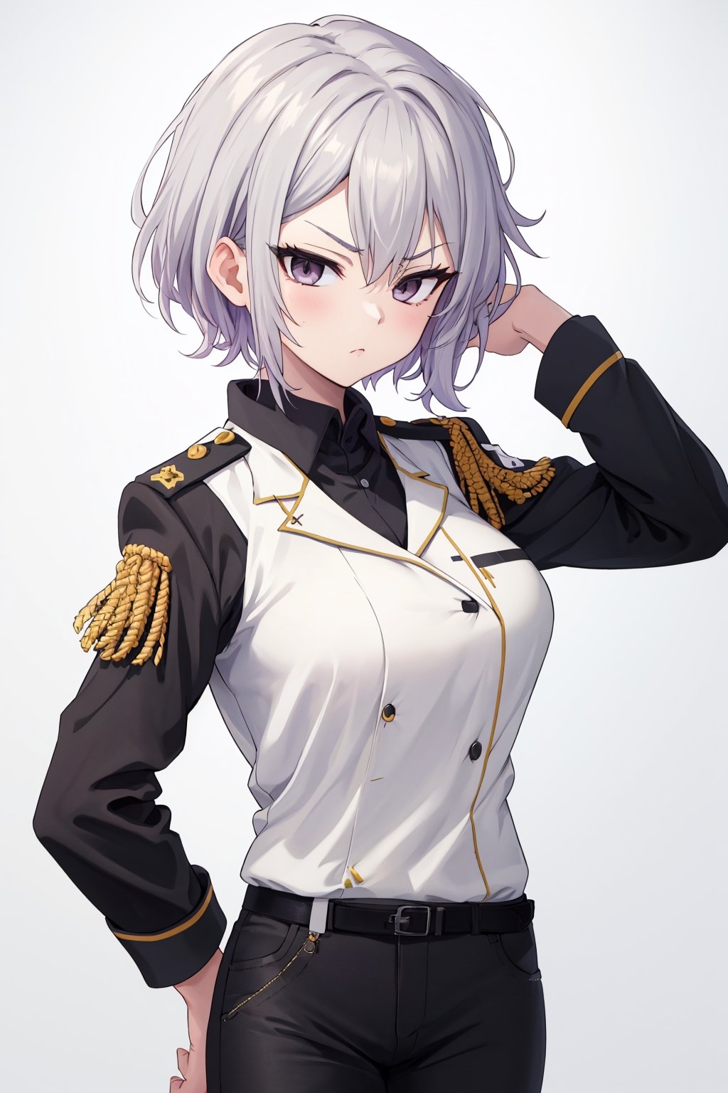 masterpiece, solo, best quality, straight-on, looking at viewer, short hair, older_female, 1girl, silver-hair, black_eyes, white_background, serious, medium_breasts, military uniform, black pants, cowboy_shot , ,Eft_phantom_red,sleepy, arms to side