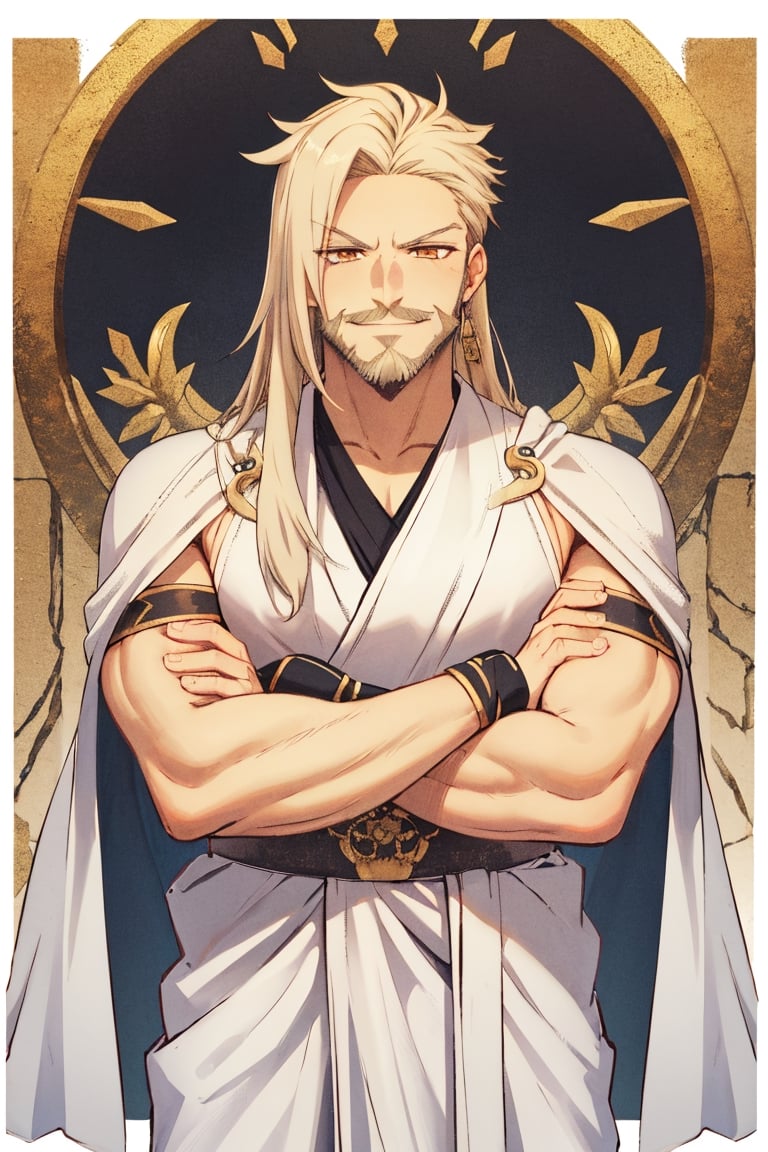 masterpiece, solo, best quality, straight-on, long hair, mature_male, 1boy, unkempt beard, moustache, platinum-blonde-hair, orange_eyes, white_background,, smirk,gold arm_brace, peplos, white robe, crossed arms, muscular,,alan_stuart,ancient greek clothes,