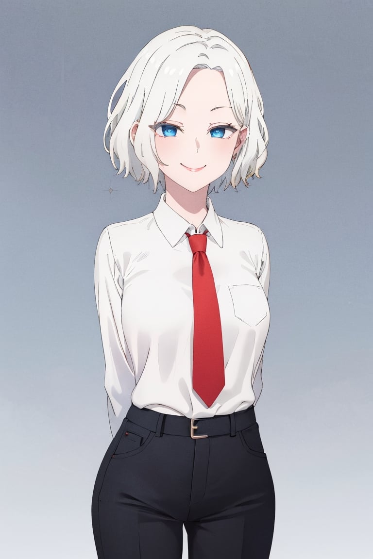 masterpiece, solo, best quality, straight-on, short hair, mature_female, 1girl, medium_breasts, white-hair, blue_eyes, white_background,, collared_shirt, waist-high pants, black pants, arms behind back, red necktie,smirk, ,ferris olston, full_body, high_heels