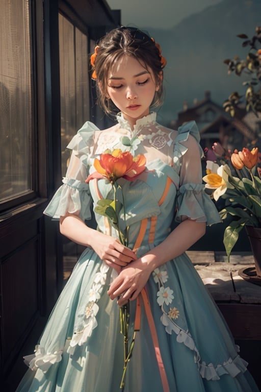 woman, flower dress, colorful, darl background,flower armor,green theme,exposure blend, medium shot, bokeh, (hdr:1.4), high contrast, (cinematic, teal and orange:0.85), (muted colors, dim colors, soothing tones:1.3), low saturation,j3s1