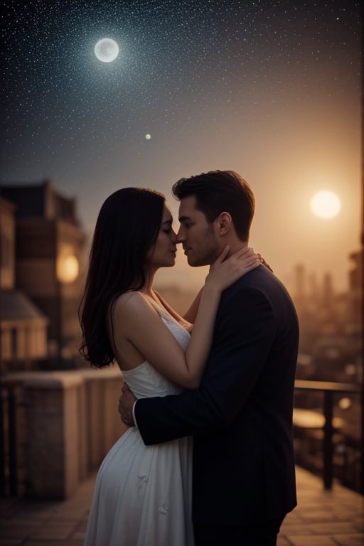 couple hugging passionately, in the light of the moon, in the background a fantasy city, luminescent petals fall from the sky, Fullbody photorealistic, best quality, best quality, high detailed, Masterpiece, intricate details, high resolution, manly, extremely detailed, Very handsome,<lora:659111690174031528:1.0>