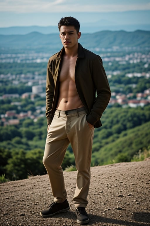 man on top of a mountain  looking towards a huge city,Fullbody photorealistic, best quality, Handsome young Men, Sexy, real life, best shadow, RAW,clear ,high resolution,8K masterpiece, photograph, 1man, extremely handsome, confident posture,intense gaze, full body, realistic skin, photographic, best quality, high detailed,Masterpiece, intricate details, high resolution, manly, extremely detailed,<lora:659111690174031528:1.0>