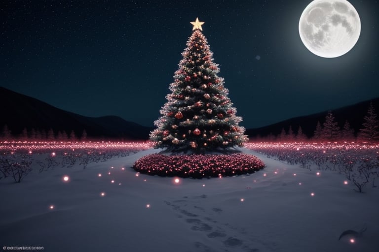 makes an image with maximum detail, a Christmas tree on the right side finely decorated by shiny red spheres, ribbons of various clear colors, in the background snowflakes falling in the landscape, it is a clear night illuminated by the moon which can be glimpsed in the top left with a beautiful shine, Fullbody photorealistic, best quality,high resolution, 8K masterpiece, photograph, confident posture, Masterpiece, intricate details, high resolution,<lora:659111690174031528:1.0>