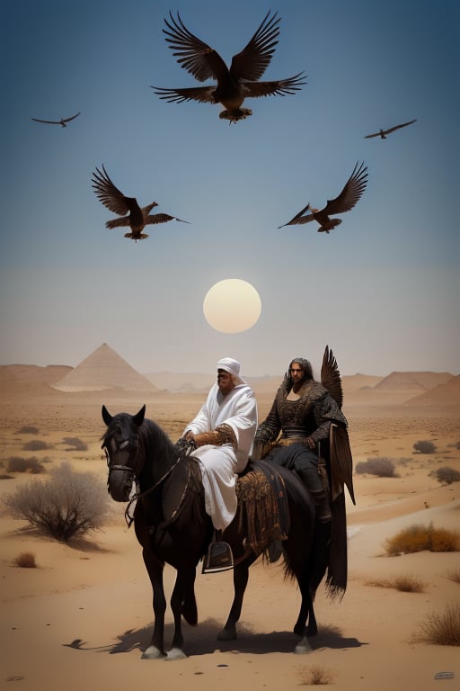 A majestic masterwork in 4K, two majestic milanos soar above a robust Arab-dressed man traversing the Egyptian desert. The man, strong and muscular, wears flowing white robes as he treks through the arid landscape. Isis and Neftis' guiding presence is palpable as the birds fly overhead, shielding him with their wings like ancient Egyptian deities. The camera captures every detail in stunning 16K resolution, with HDR at 1.4, rendering intricate textures, detailed eyes, and a photorealistic background that transports the viewer to the scorching desert sun.