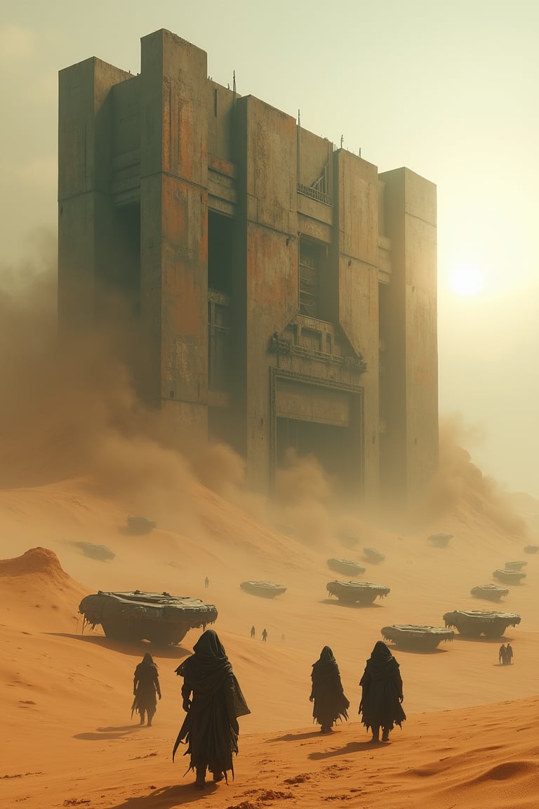 A futuristic, dystopian desert scene featuring a massive, fortress-like structure partially buried in sand dunes. The structure is enormous and aged, made from worn, industrial metals with signs of rust and decay. Groups of hooded figures, draped in dark, tattered robes, are walking toward the structure, their silhouettes creating a sense of scale against the vast, desolate landscape. A fleet of armored hover vehicles is scattered around the area, some parked, others moving slowly across the sands. The sun is hidden behind thick clouds of dust, casting a soft, diffused light over the scene, creating a gritty and foreboding atmosphere. The image has a cinematic, highly realistic style with intricate textures and shadows.