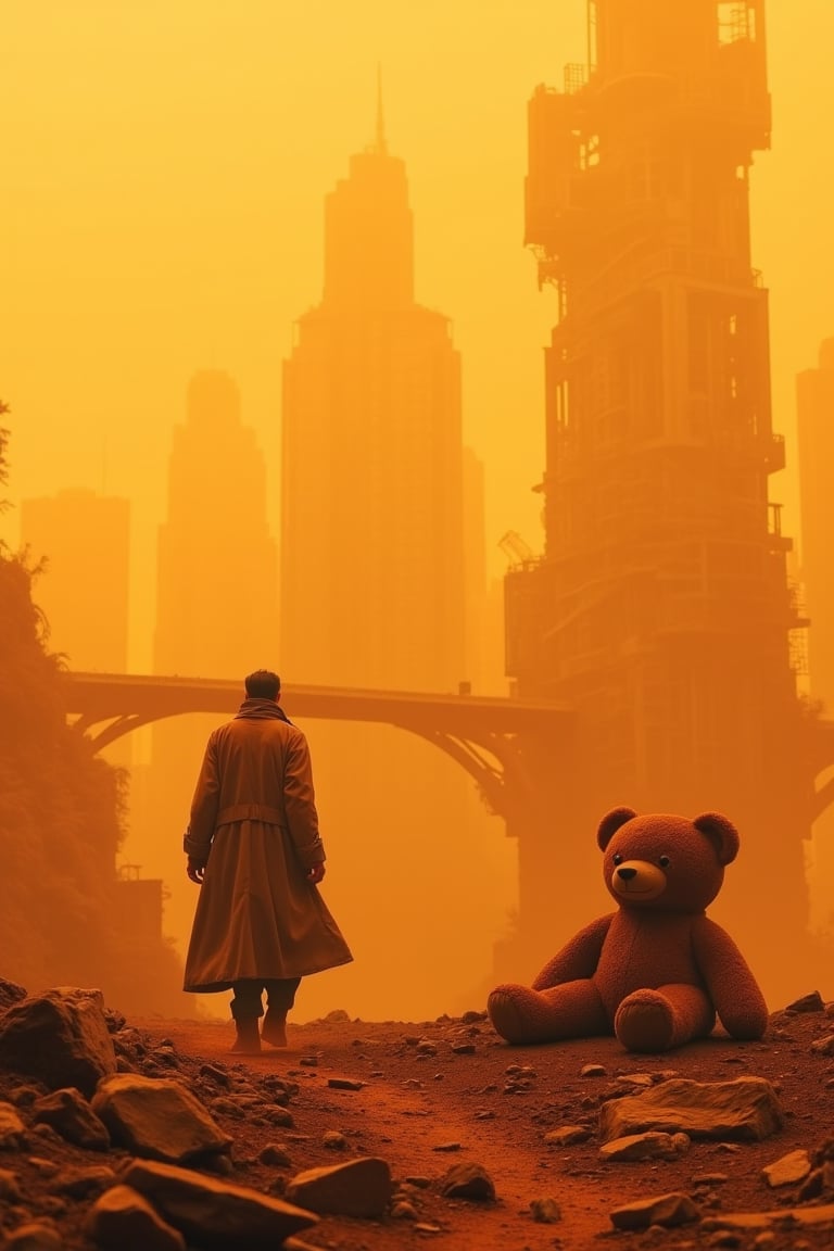 A futuristic dystopian cityscape enveloped in a dense orange haze. A solitary figure, wearing a long trench coat, walks away from a large, worn teddy bear sitting on the dusty ground. The teddy bear has patches and visible signs of wear, contrasting with the high-tech, towering city skyline in the distance. The city is filled with angular, futuristic skyscrapers shrouded in smog and decay, with broken infrastructure, including a crumbling bridge. The ground is rugged and rocky, adding to the feeling of desolation. The soft, diffused sunlight filters through the polluted air, casting a warm but melancholic glow across the scene, emphasizing the surreal juxtaposition of the teddy bear in this bleak future.