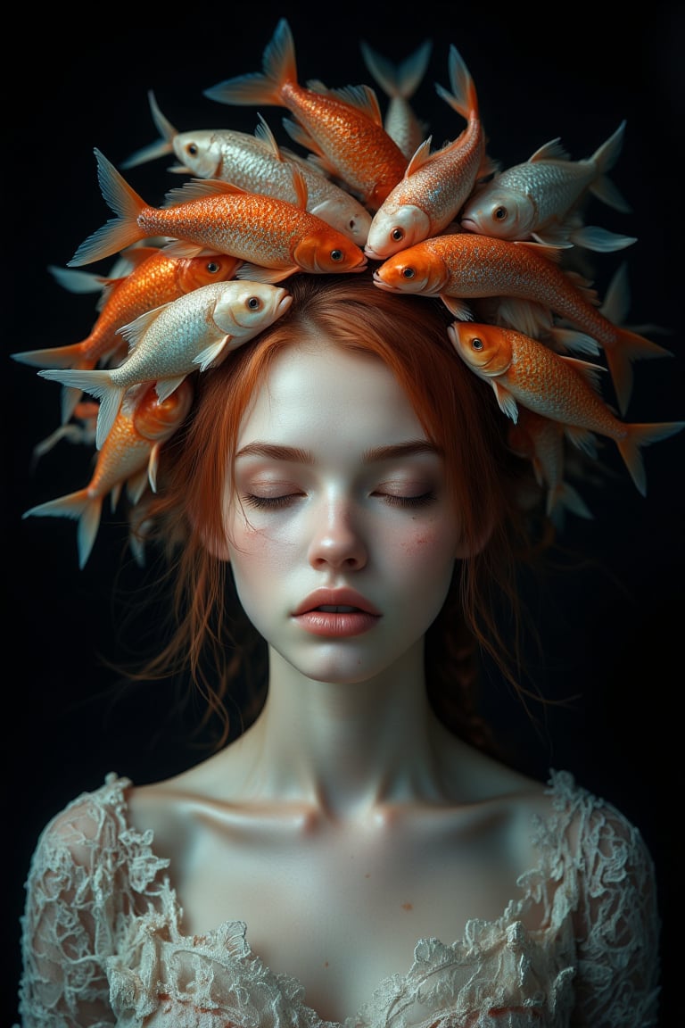 A surreal, high-resolution symmetrical portrait of a woman with pale, porcelain skin and auburn hair. Her eyes are closed, and her expression is serene. On her head, a crown of various colorful fish of different species, including red and orange fish, is artfully arranged as if swimming through her hair. The fish appear to be both vibrant and lifelike, contrasting against the dark, shadowy background. She is dressed in an elegant lace gown with intricate patterns. The lighting is dramatic, with soft highlights emphasizing her calm face and the intricate details of the fish crown. Realistic style, with a touch of fantasy.