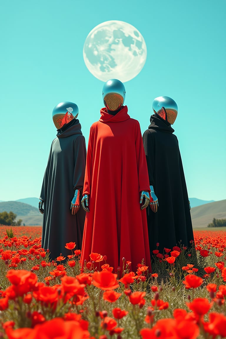 Three futuristic figures standing in a field of red wildflowers under a bright, clear blue sky. Each figure wears reflective chrome helmets that completely obscure their faces, with long, flowing cloaks draped over their robotic armor. The figure in the center is draped in a vibrant red cloak, while the other two wear black cloaks. Behind them, a large, pale white moon dominates the sky. The landscape features distant rolling hills and scattered trees, creating a serene yet otherworldly atmosphere. The scene is bathed in natural light, giving a slightly surreal, cinematic quality.