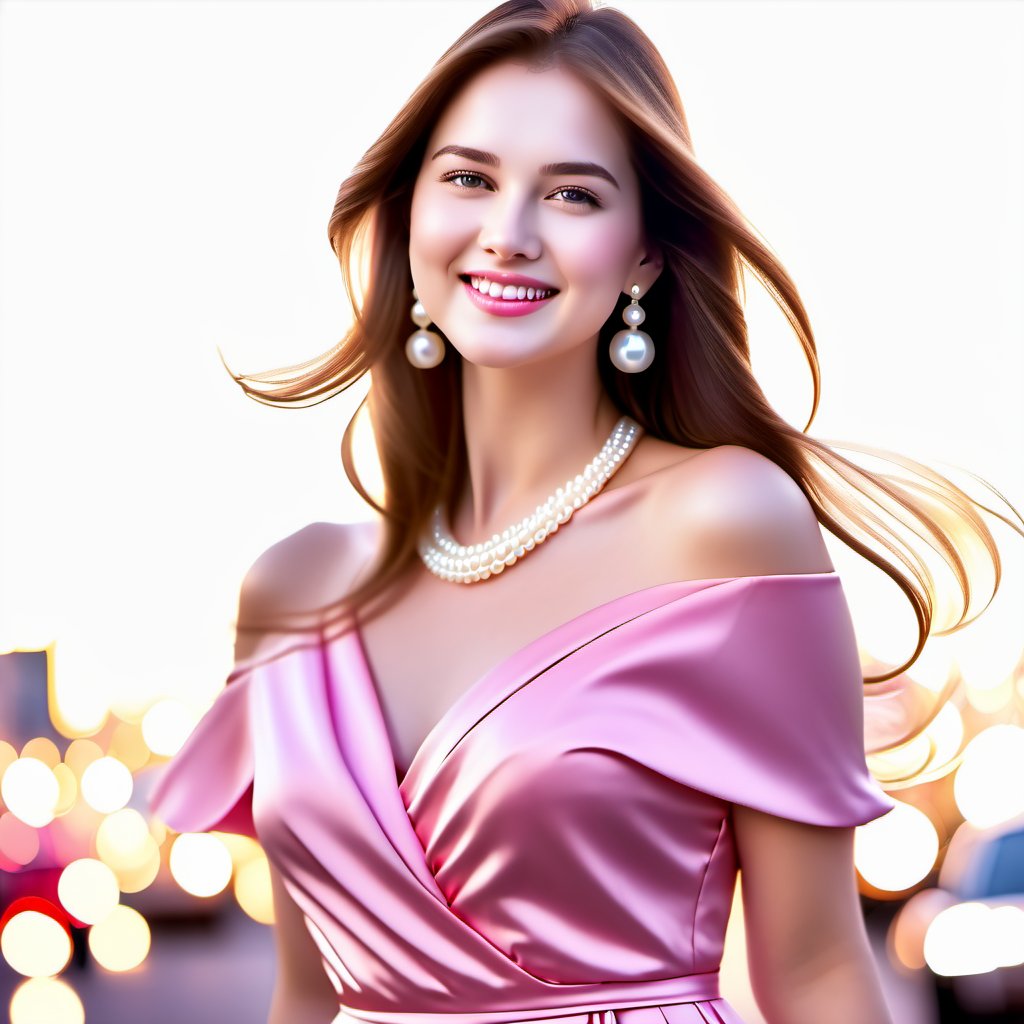 beautiful plump women, smile, looking at camera, realistic, dslr, pink dress, long_hair, wind blowing hair, brown hair, straight nose, close up view, closed_mouth, pearl earrings, pearl necklace, hazel-eyes, street lightings, night time, busy street background,