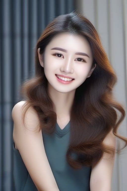 asian woman face only, long wavy hair, smile, plump, thin to medium lips, no make-up, friendly face