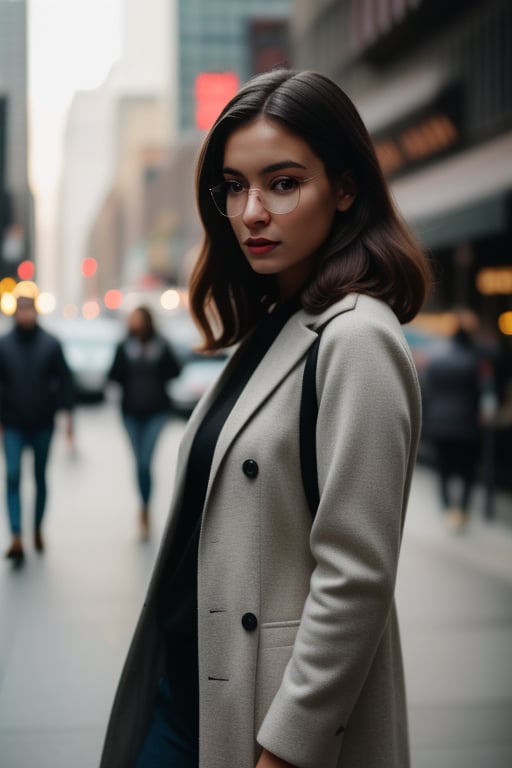 Photo of a beautiful girl walking in New York City, shot on Fujifilm Superia 400, wearing fashionable apparel, natural lighting, close-up shot, 32k, cinematic composition, professional color grading, film grain, atmospheric, wondrous.

High-definition, full-body photograph of a beautiful girl featuring stylish eyeglasses. Utilizing cinematic color grading and moody lighting, the image should depict her as a compelling character in a story yet to unfold.,(((photorealism:1.4)))