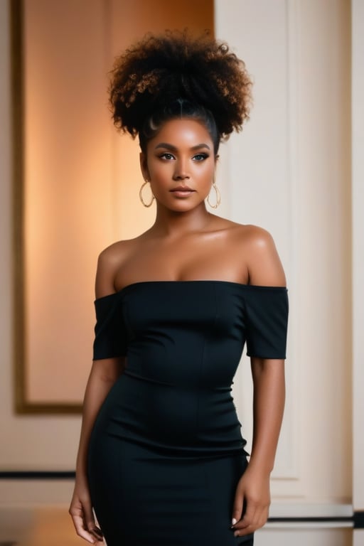 A full-body shot of a young black woman with a pensive expression, wearing a dark, off-the-shoulder dress and a single, statement piece of jewelry, The background should be out of focus and feature soft, warm tones. 