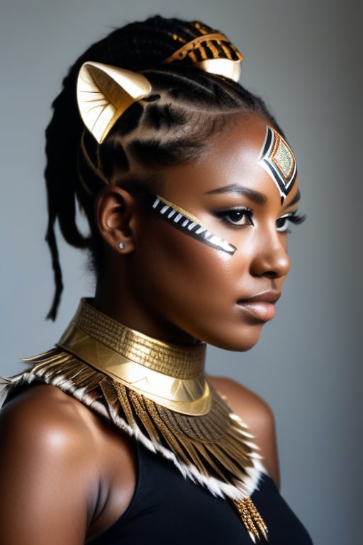 Portrait photograph of an young female African warrior chief with a tribal panther mask, gold on white, side profile, averted gaze, and serious eyes, 50mm portrait photography, photography with hard rim lighting,(((photorealism:1.4)))